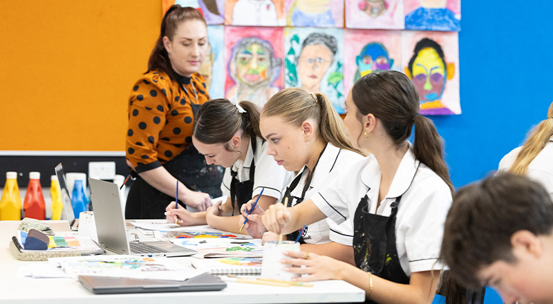 Students working on their artworks in the classroom at Xavier College Llandilo